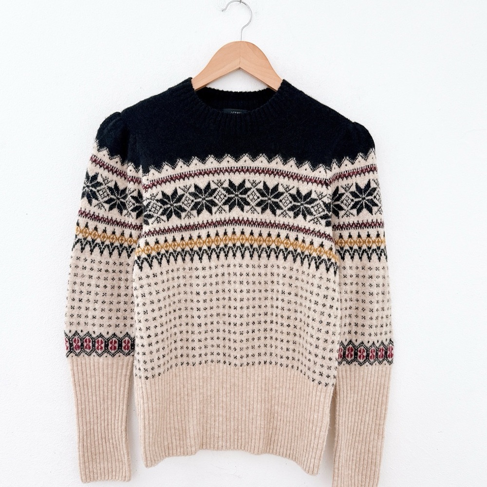 Fair Isle Sweater Puff Sleeve Crewneck Merino Wool Alpaca Preppy Small Cabincore - Picture 2 of 11